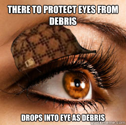 There to protect eyes from debris Drops into eye as debris  