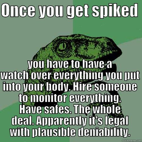 ONCE YOU GET SPIKED  YOU HAVE TO HAVE A WATCH OVER EVERYTHING YOU PUT INTO YOUR BODY. HIRE SOMEONE TO MONITOR EVERYTHING. HAVE SAFES. THE WHOLE DEAL. APPARENTLY IT'S LEGAL WITH PLAUSIBLE DENIABILITY. Philosoraptor