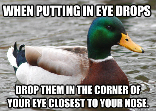 When putting in eye drops drop them in the corner of your eye closest to your nose.   Actual Advice Mallard