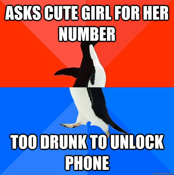 Asks cute girl for her number too drunk to unlock phone  Socially Awesome Awkward Penguin