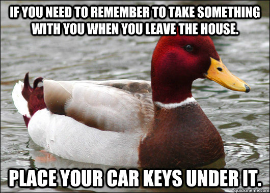 If you need to remember to take something with you when you leave the house. Place your car keys under it.  Malicious Advice Mallard