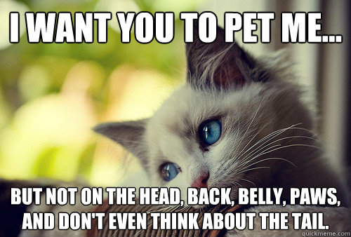 I want you to pet me... but not on the head, back, belly, paws, and don't even think about the tail.  First World Problems Cat