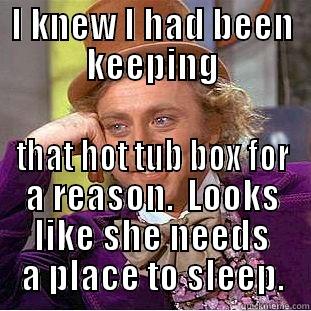 I KNEW I HAD BEEN KEEPING THAT HOT TUB BOX FOR A REASON.  LOOKS LIKE SHE NEEDS A PLACE TO SLEEP. Condescending Wonka