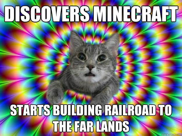 discovers minecraft starts building railroad to the far lands - discovers minecraft starts building railroad to the far lands  Addictive personality cat