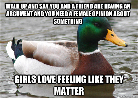 walk up and say you and a friend are having an argument and you need a female opinion about something girls love feeling like they matter   Actual Advice Mallard