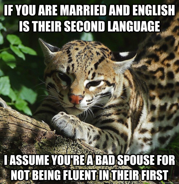 If you are married and english is their second language I assume you're a bad spouse for not being fluent in their first  Opinion Ocelot