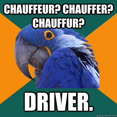 Chauffeur? Chauffer? Chauffur? Driver.  Paranoid Parrot