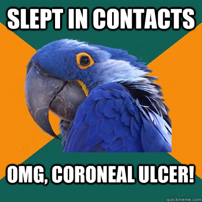 Slept in contacts OMG, CORONEAL ULCER!  Paranoid Parrot
