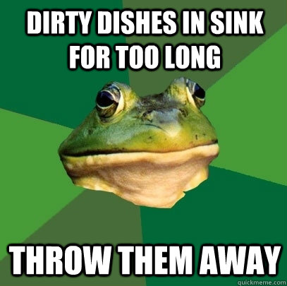 Dirty dishes in sink for too long Throw them away  Foul Bachelor Frog