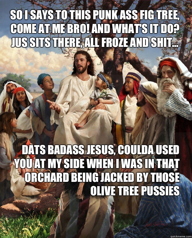 So i says to this punk ass fig tree, come at me bro! And what's it do? Jus sits there, all froze and shit... Dats badass Jesus, coulda used you at my side when I was in that orchard being jacked by those olive tree pussies  Story Time Jesus