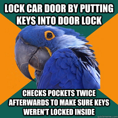 Lock car door by putting keys into door lock Checks pockets twice afterwards to make sure keys weren't locked inside  Paranoid Parrot