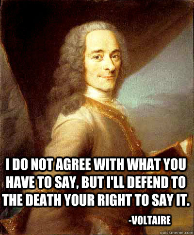 -Voltaire  I do not agree with what you have to say, but I'll defend to the death your right to say it.  