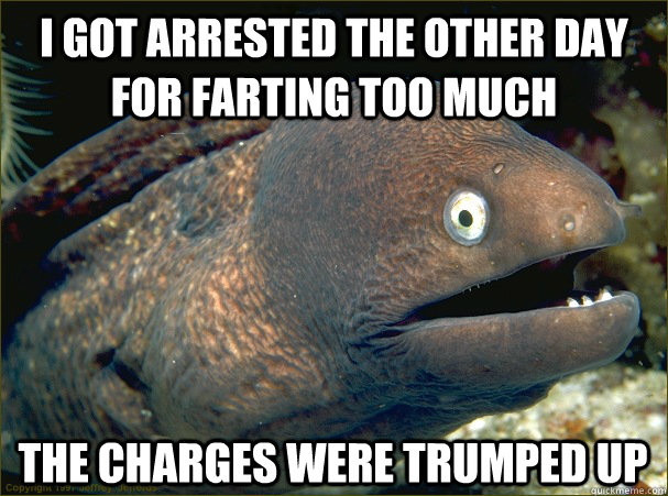 I got arrested the other day for farting too much The charges were trumped up   Bad Joke Eel