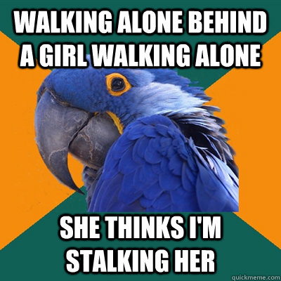 Walking alone behind a girl walking alone she thinks I'm stalking her - Walking alone behind a girl walking alone she thinks I'm stalking her  Paranoid Parrot