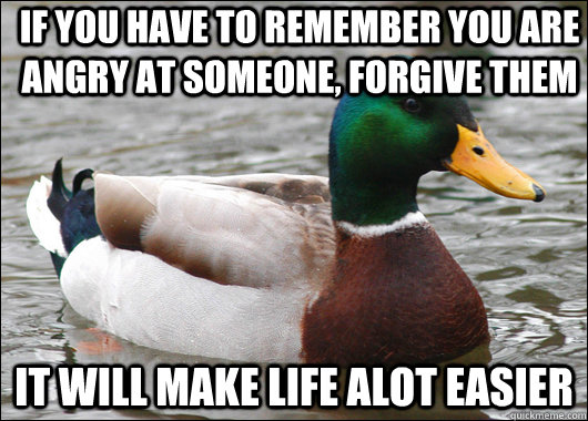 If you have to remember you are angry at someone, forgive them  It will make life alot easier  Actual Advice Mallard