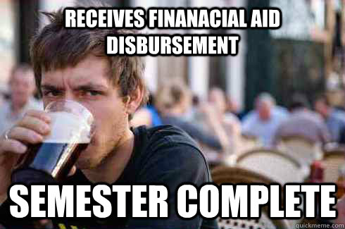 Receives Finanacial Aid Disbursement Semester complete  Lazy College Senior