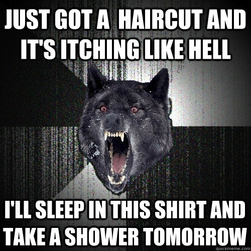 just got a  haircut and it's itching like hell i'll sleep in this shirt and take a shower tomorrow - just got a  haircut and it's itching like hell i'll sleep in this shirt and take a shower tomorrow  Insanity Wolf