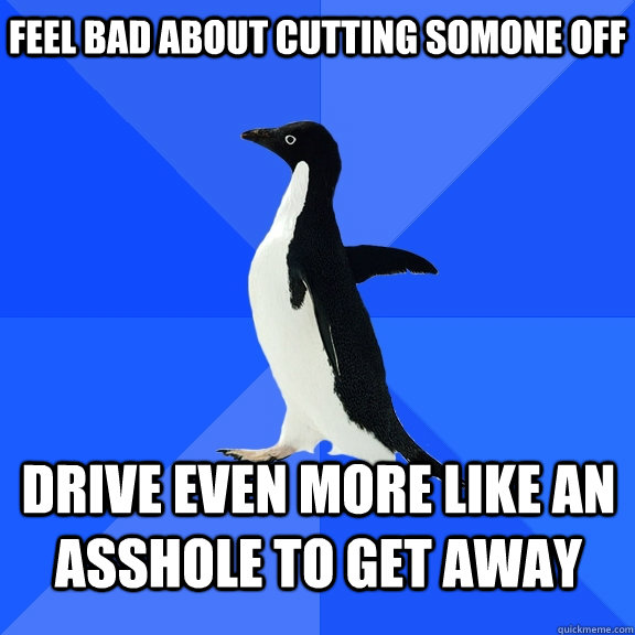 feel bad about cutting somone off Drive even more like an asshole to get away     Socially Awkward Penguin