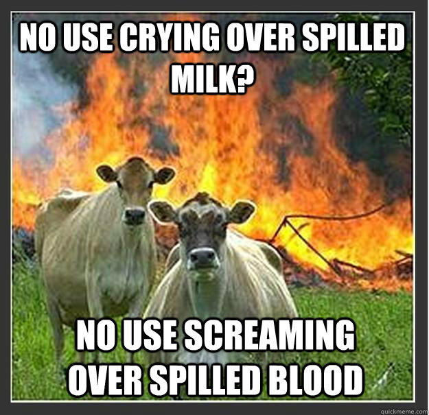 no use crying over spilled milk? no use screaming over spilled blood - no use crying over spilled milk? no use screaming over spilled blood  Evil cows