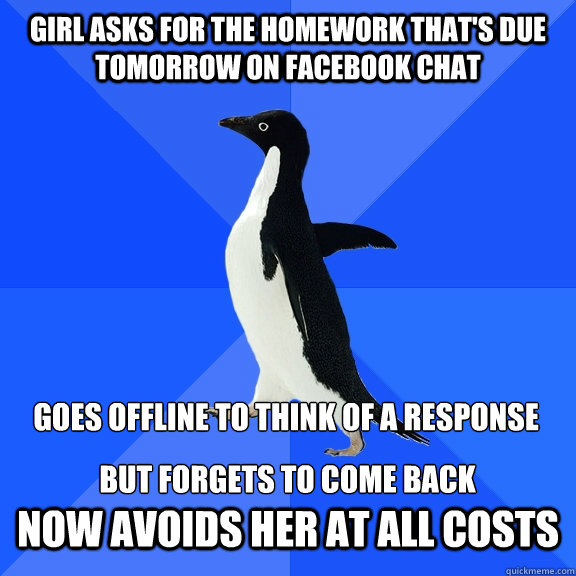 girl asks for the homework that's due tomorrow on facebook chat goes offline to think of a response  but forgets to come back now avoids her at all costs  Socially Awkward Penguin