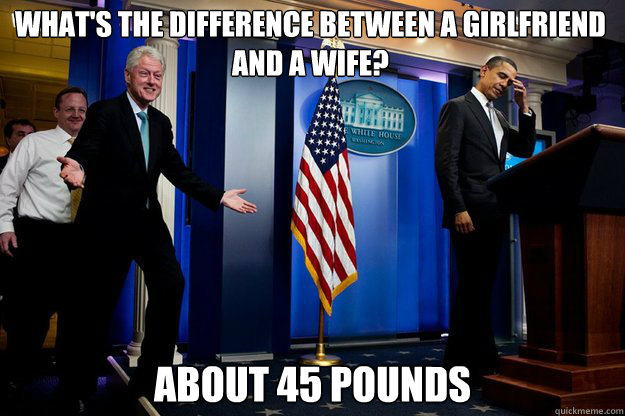 What's the difference between a girlfriend and a wife? about 45 pounds  Inappropriate Timing Bill Clinton