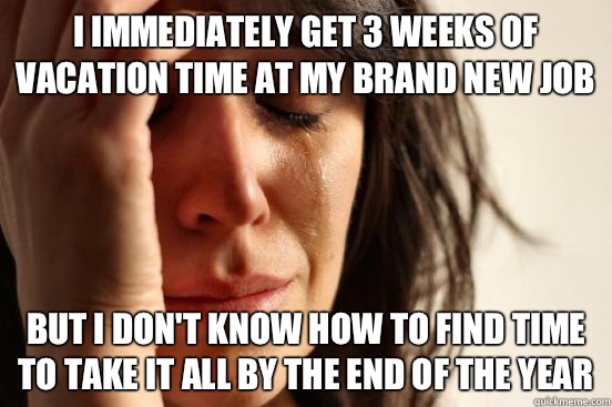 I immediately get 3 weeks of vacation time at my brand new job But I don't know how to find time to take it all by the end of the year  First World Problems