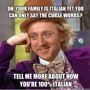 Oh, your family is Italian yet you can only say the curse words?
 Tell me more about how you're 100% Italian  Willy Wonka Meme