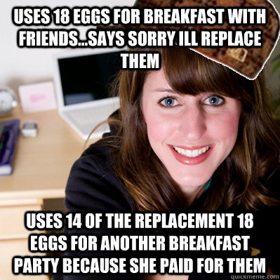 Uses 18 eggs for breakfast with friends...says sorry ill replace them uses 14 of the replacement 18 eggs for another breakfast party because she paid for them   - Uses 18 eggs for breakfast with friends...says sorry ill replace them uses 14 of the replacement 18 eggs for another breakfast party because she paid for them    Inconsiderate Scumbag Roommate