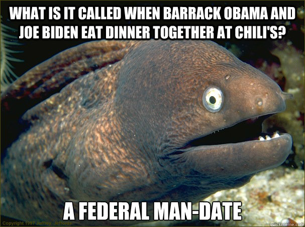 what is it called when Barrack obama and Joe biden eat dinner together at chili's? a federal man-date  Bad Joke Eel