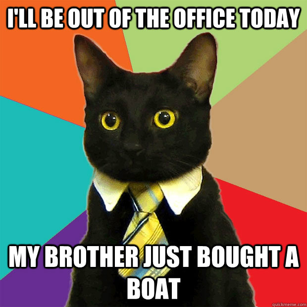 I'll be out of the office today  my brother just bought a boat - I'll be out of the office today  my brother just bought a boat  Business Cat