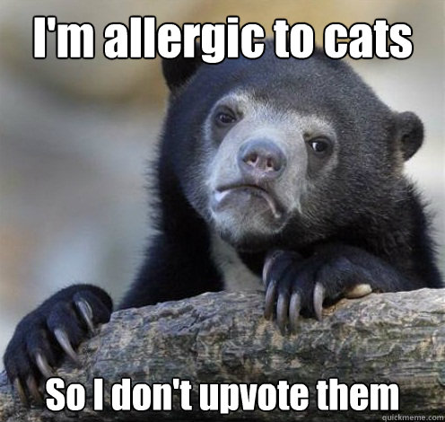 I'm allergic to cats So I don't upvote them   Confession Bear Eating