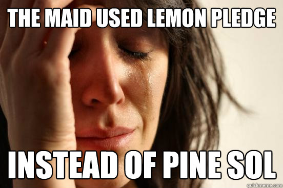 The maid used lemon pledge instead of pine sol  First World Problems