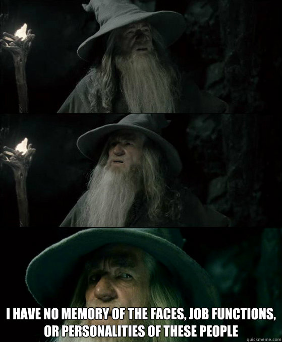  I have no memory of the faces, job functions, or personalities of these people  Confused Gandalf