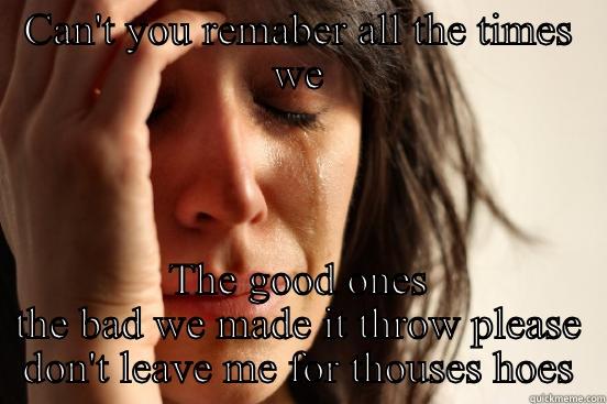 CAN'T YOU REMABER ALL THE TIMES WE THE GOOD ONES THE BAD WE MADE IT THROW PLEASE DON'T LEAVE ME FOR THOUSES HOES First World Problems