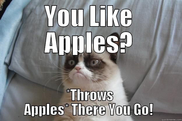 YOU LIKE APPLES? *THROWS APPLES* THERE YOU GO!  Grumpy Cat