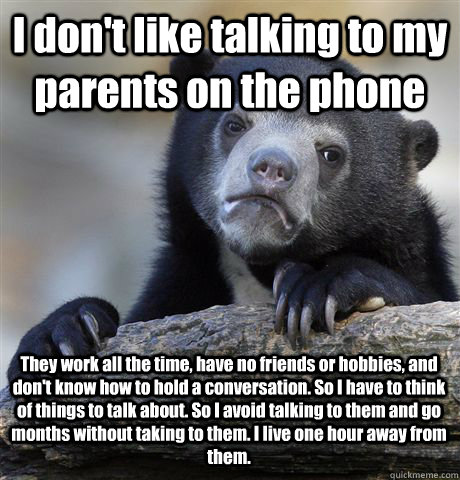 I don't like talking to my parents on the phone They work all the time, have no friends or hobbies, and don't know how to hold a conversation. So I have to think of things to talk about. So I avoid talking to them and go months without taking to them. I l  Confession Bear