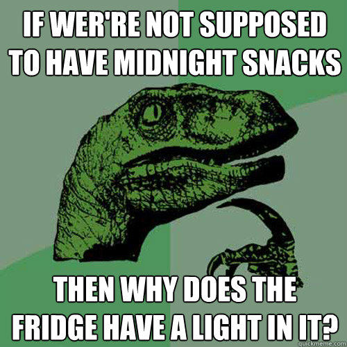 If wer're not supposed to have midnight snacks then why does the fridge have a light in it? - If wer're not supposed to have midnight snacks then why does the fridge have a light in it?  Philosoraptor