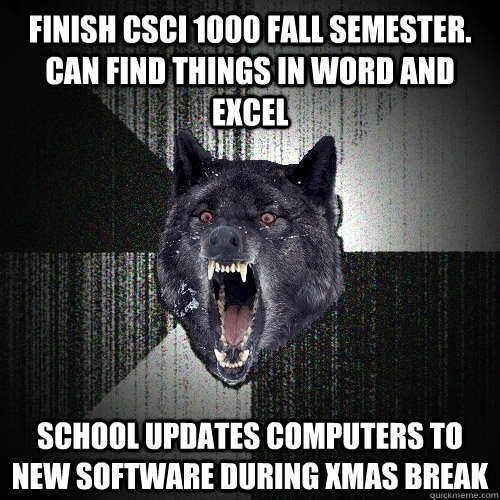 Finish CSCI 1000 Fall Semester. Can find things in Word and Excel School updates computers to new software during Xmas Break  Insanity Wolf