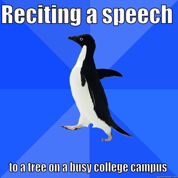 RECITING A SPEECH  TO A TREE ON A BUSY COLLEGE CAMPUS Socially Awkward Penguin