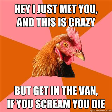 Hey I just met you, 
and this is crazy but get in the van,
if you scream you die  Anti-Joke Chicken