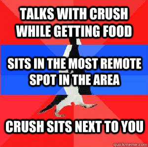 Talks with crush while getting food Sits in the most remote spot in the area Crush sits next to you  Socially awesome awkward awesome penguin