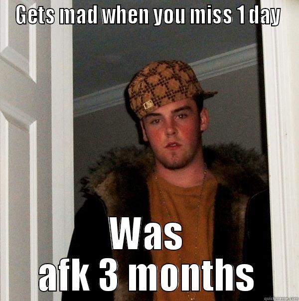 GETS MAD WHEN YOU MISS 1 DAY WAS AFK 3 MONTHS Scumbag Steve