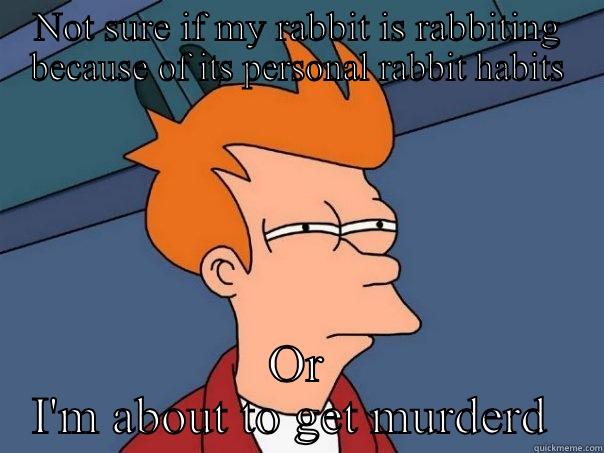 NOT SURE IF MY RABBIT IS RABBITING BECAUSE OF ITS PERSONAL RABBIT HABITS OR I'M ABOUT TO GET MURDERD  Futurama Fry