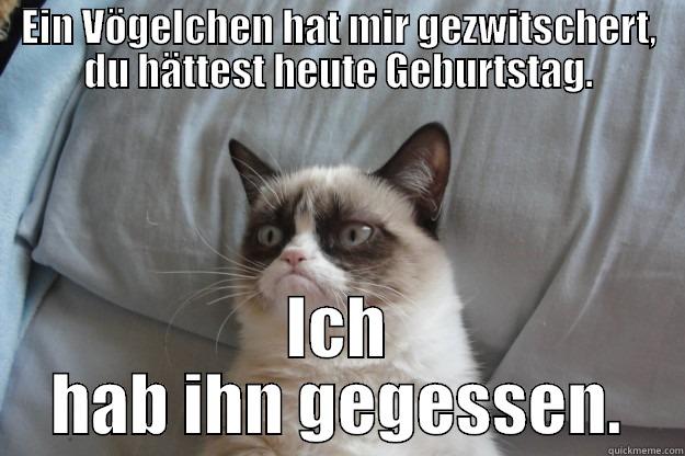 EIN VÖGELCHEN HAT MIR GEZWITSCHERT, DU HÄTTEST HEUTE GEBURTSTAG. ICH HAB IHN GEGESSEN. Grumpy Cat