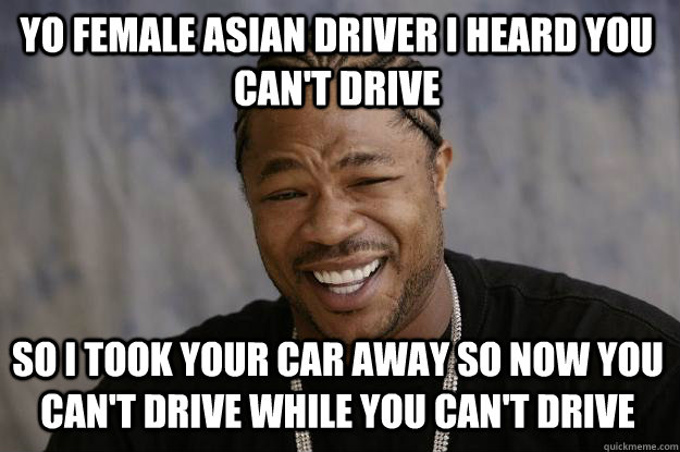 Yo female asian driver I heard you can't drive So I took your car away so now you can't drive while you can't drive  Xzibit meme