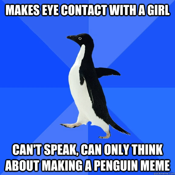 Makes eye contact with a girl Can't speak, can only think about making a penguin meme  Socially Awkward Penguin