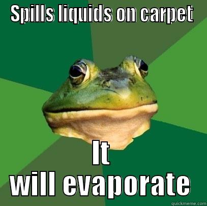 SPILLS LIQUIDS ON CARPET IT WILL EVAPORATE Foul Bachelor Frog