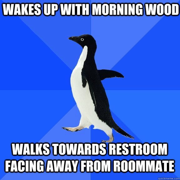 wakes up with morning wood walks towards restroom facing away from roommate  Socially Awkward Penguin