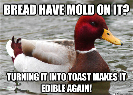 Bread have mold on it? turning it into toast makes it edible again!  Malicious Advice Mallard