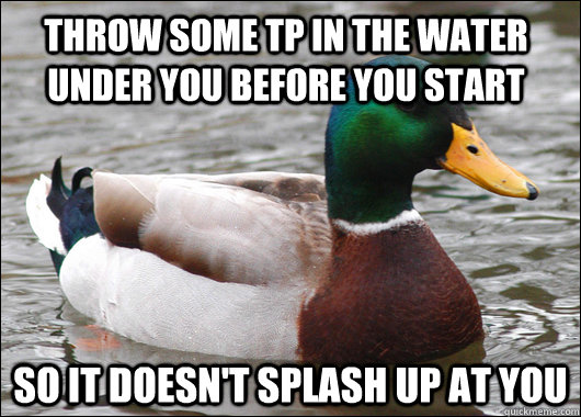 Throw some TP in the water under you before you start So it doesn't splash up at you  Actual Advice Mallard